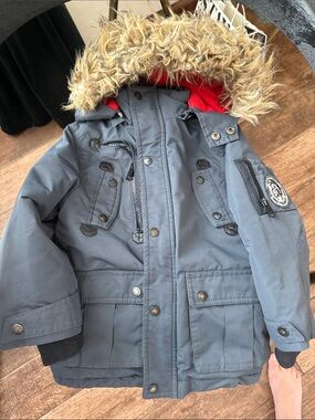 Diesel Kids Gray Puffer Jacket with Faux Fur Hood and Red Lining
